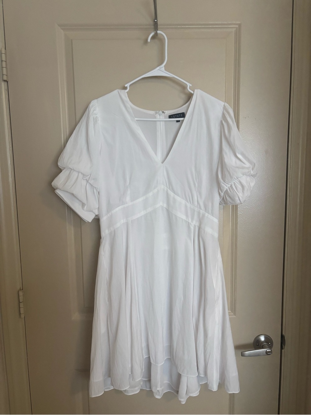 STATE White V-Neck Puff Sleeve Mini Dress with Pockets